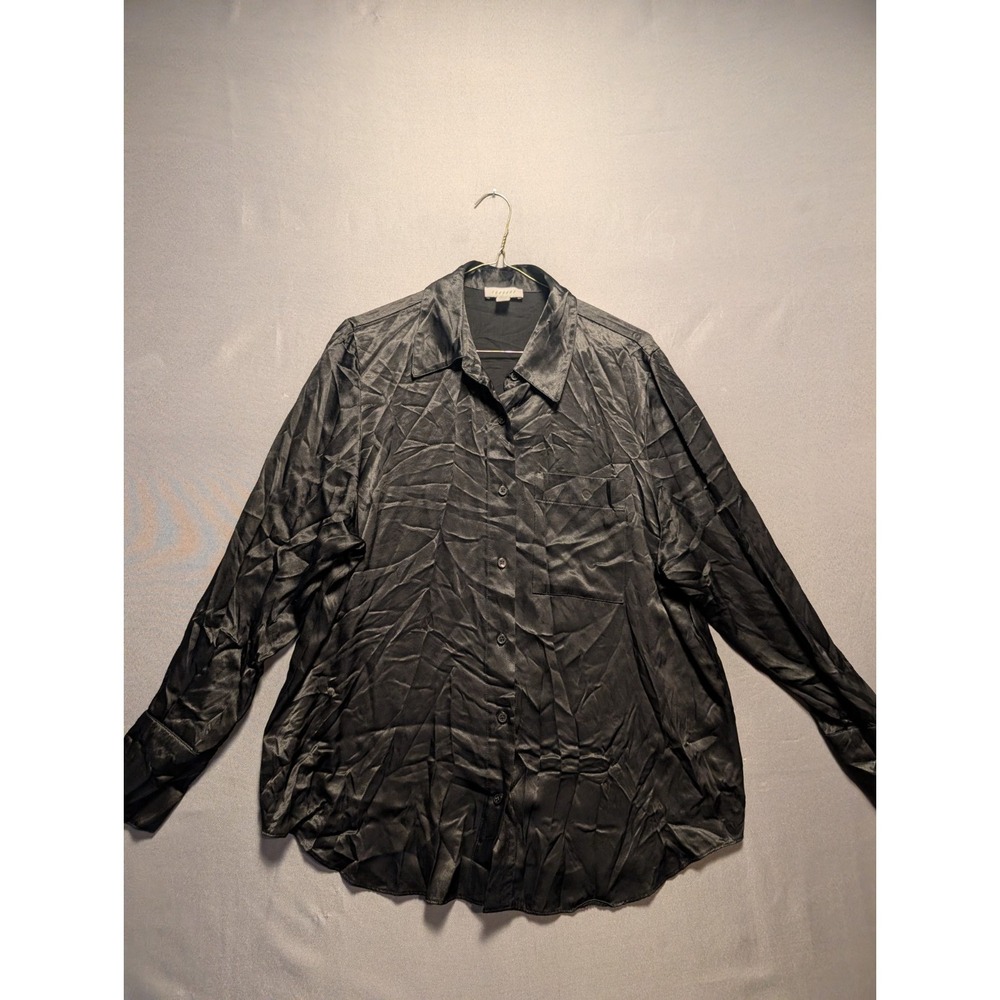 Topshop Shirt Womens 10 Black Satin Button Up Dark Academic Minimalist Modern